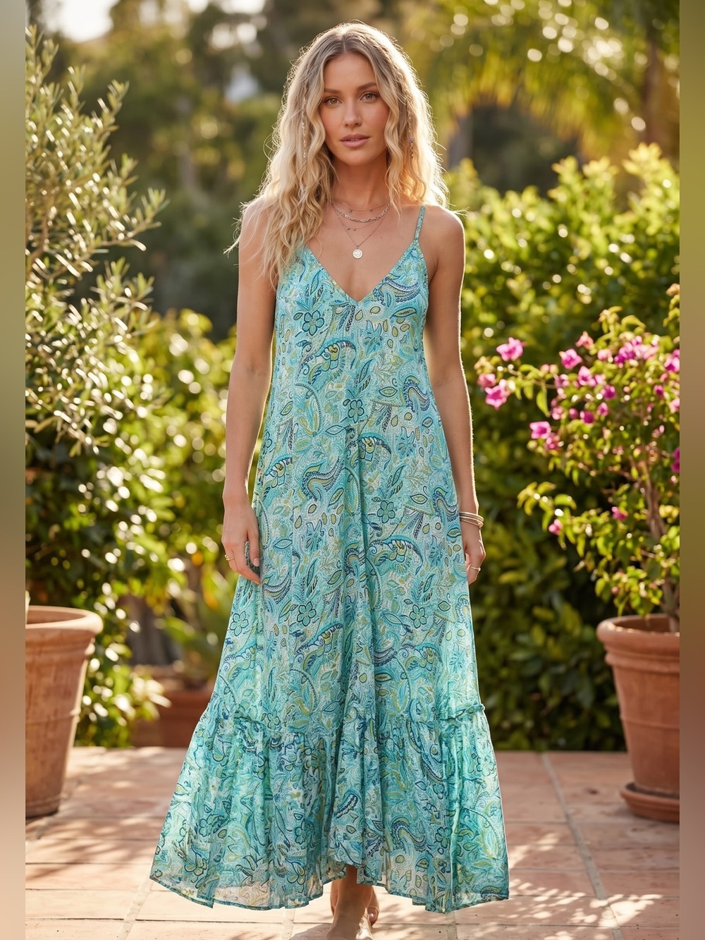 Oeuvre 100% Silk Paisley Maxi Dress Blue Aqua Boho Resort Beach Size OS